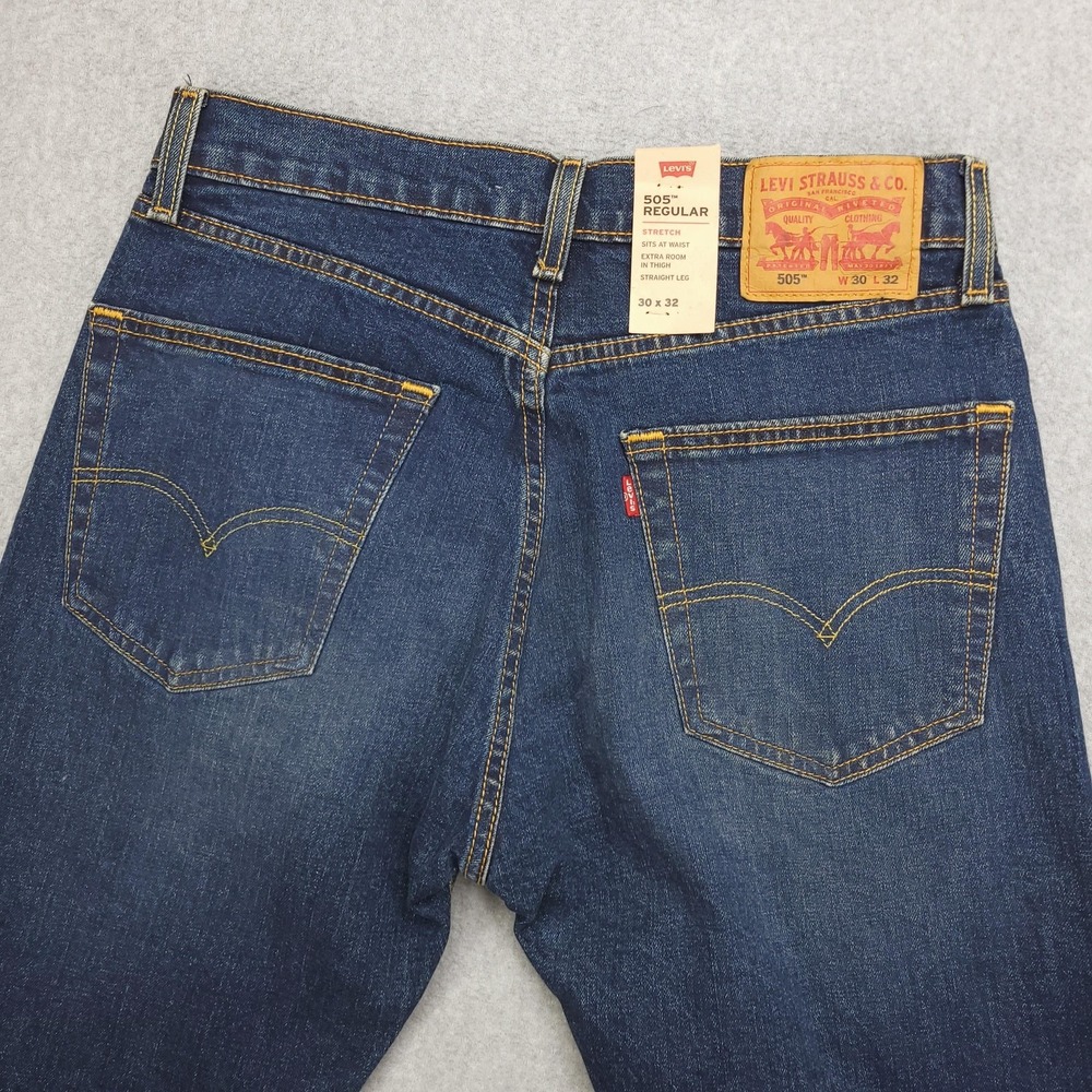 Levis 505‎ Regular Jeans Mens 30x32 Blue Stretch Denim Straight Leg Pants NEW - Picture 4 of 10